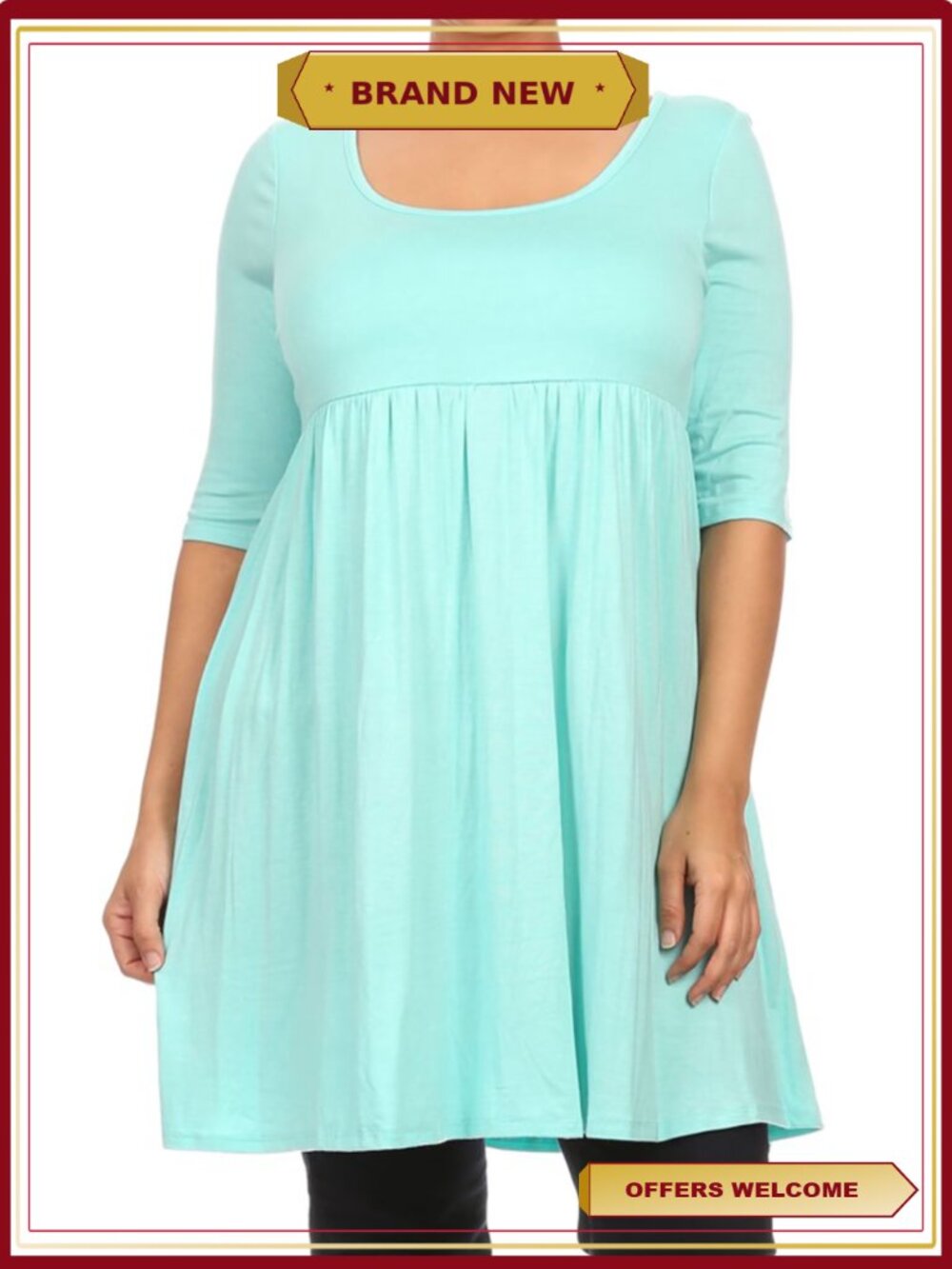 Plus Size 3/4 Sleeve Babydoll Tunic Top Dress Solid Flowy